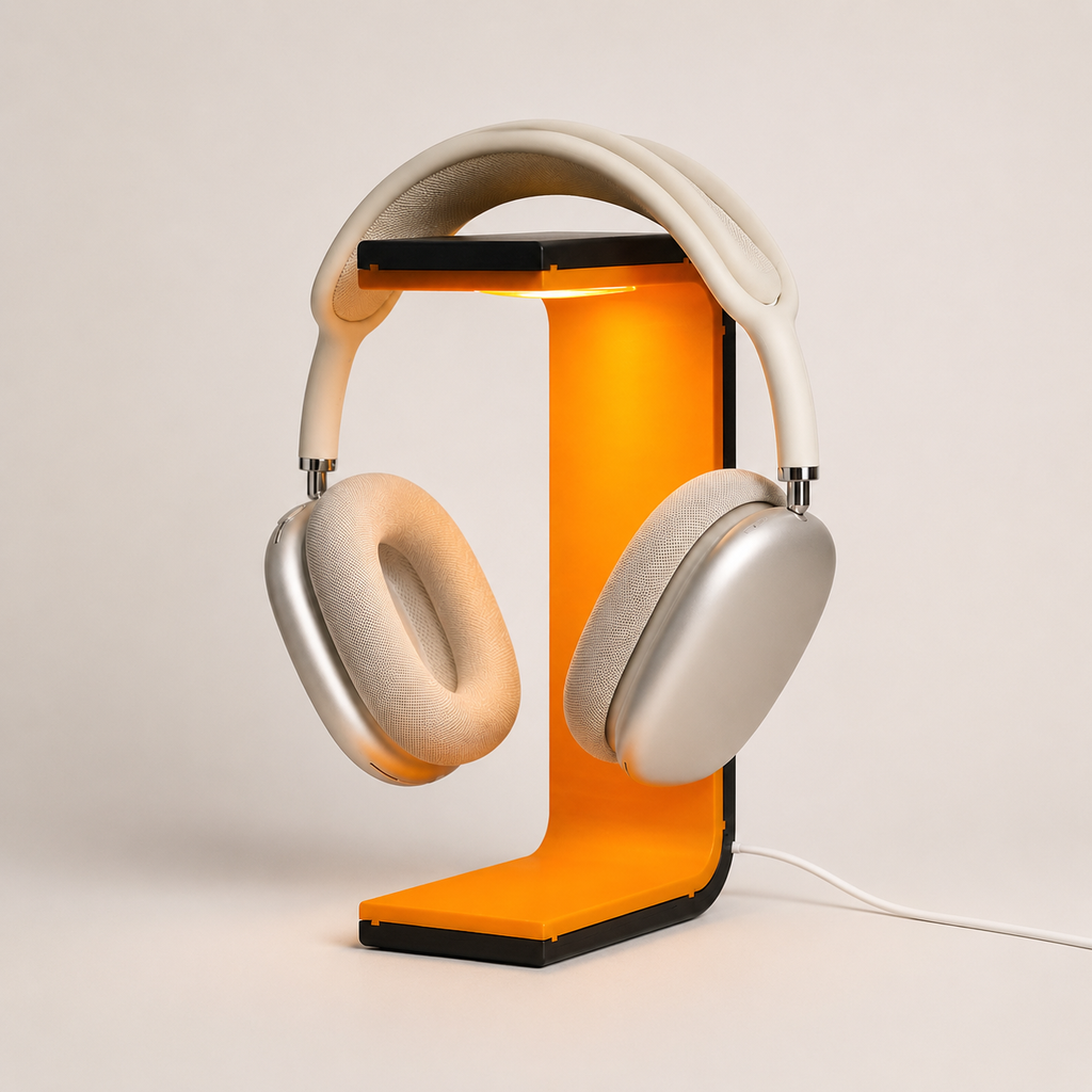 SONORA orange and black headphone stand lamp on a clean neutral background