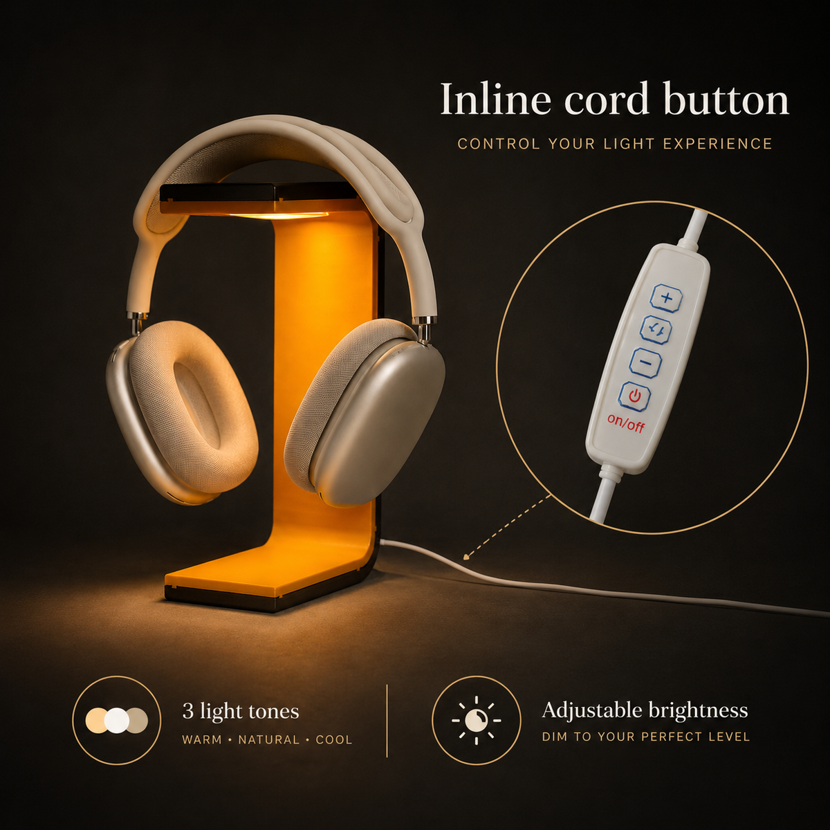 SONORA headphone stand lamp inline cord controller with three light tones and adjustable brightness