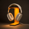 SONORA headphone stand lamp with over-ear headphones on a dark premium background