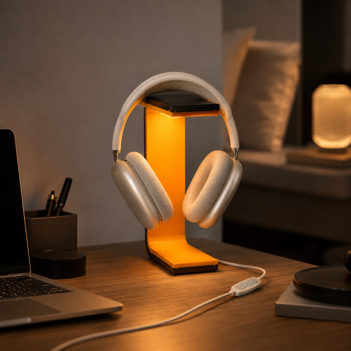 SONORA lamp and headphone stand in a warm modern desk setup
