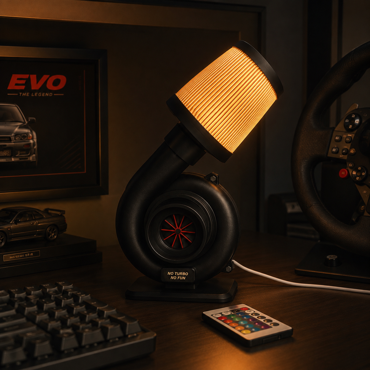 VORTEX RGB turbo lamp in an automotive gaming desk setup