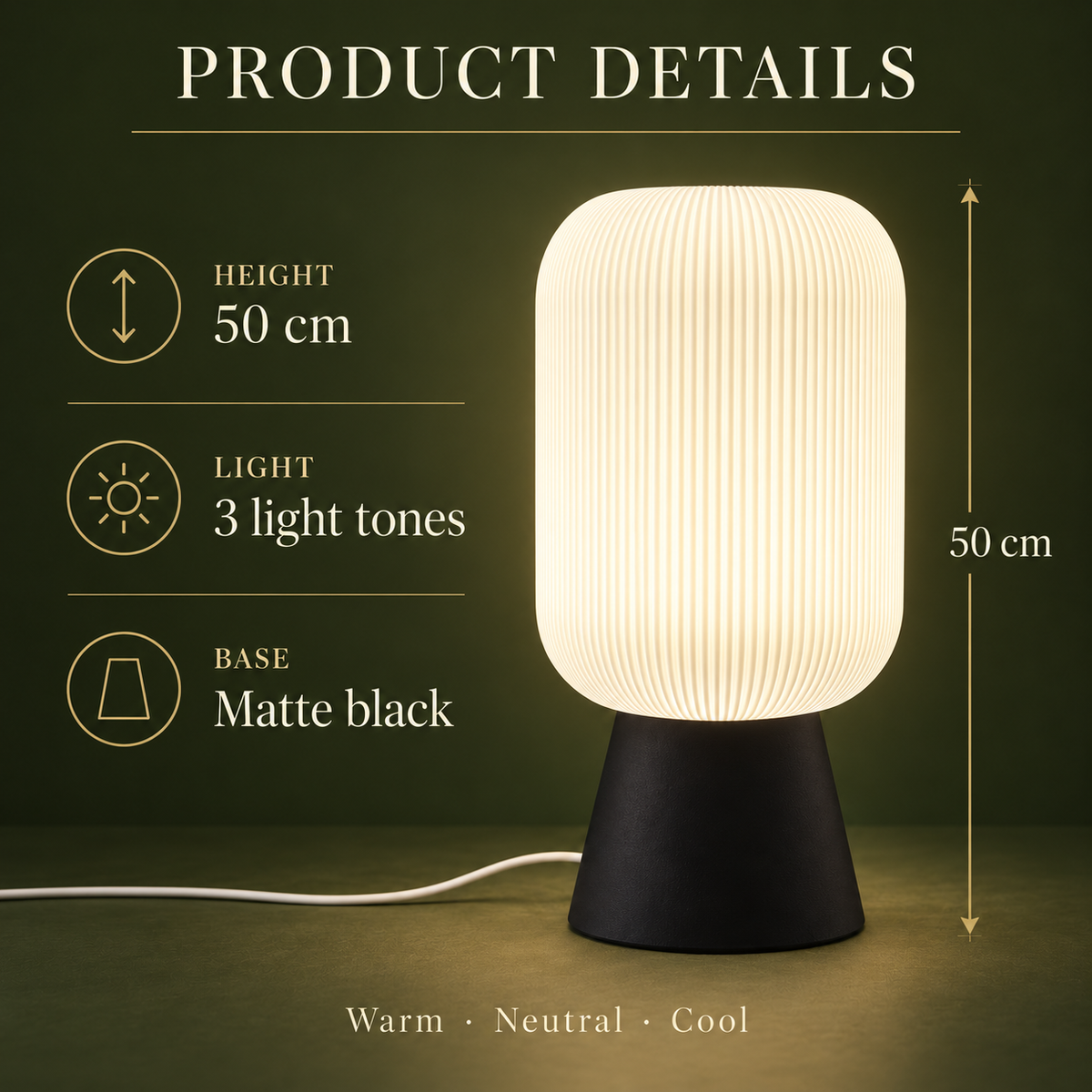 ZENITH large table lamp specifications: 50 cm tall, three light tones and matte black base