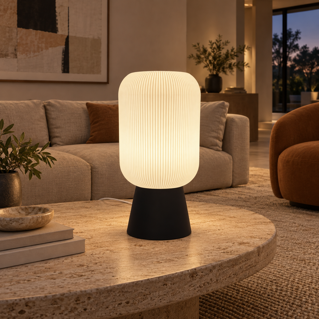 ZENITH large table lamp on a travertine coffee table in a spacious living room