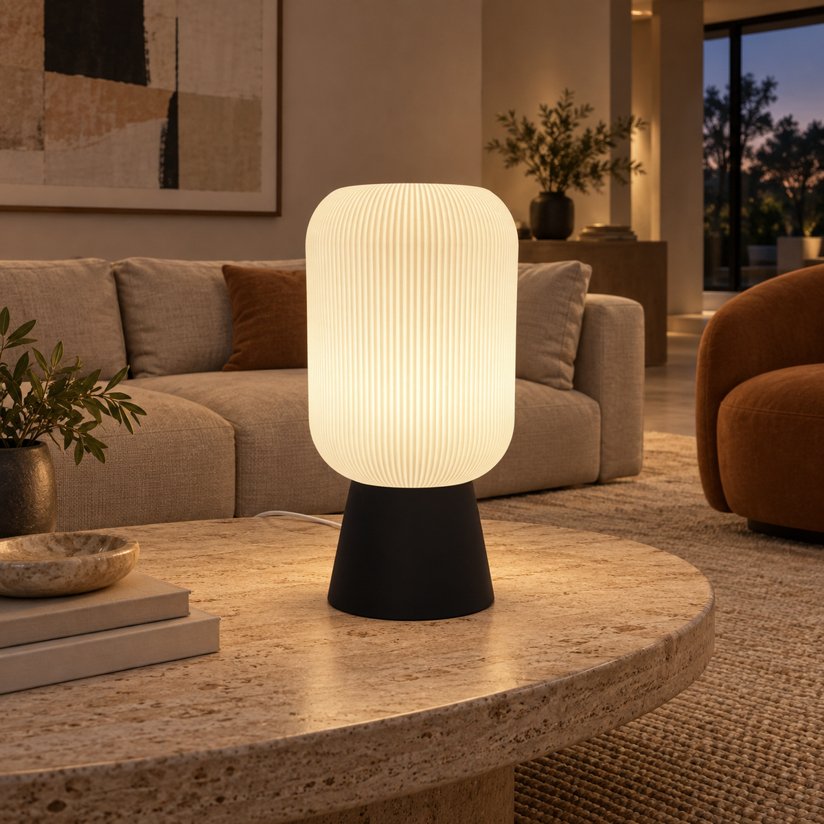 ZENITH large table lamp on a travertine coffee table in a spacious living room
