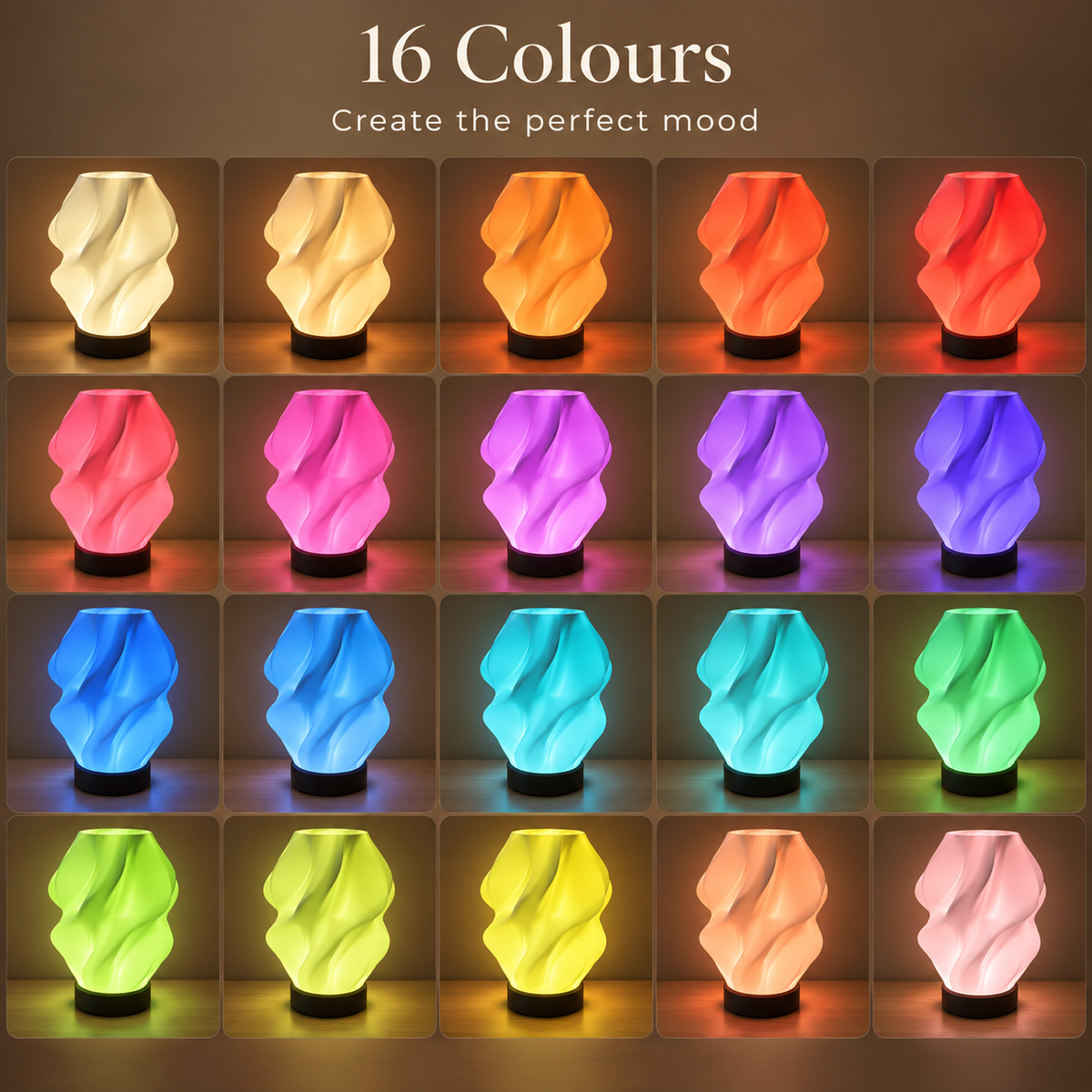 NEBULA RGB sculptural lamp showing 16 available colours
