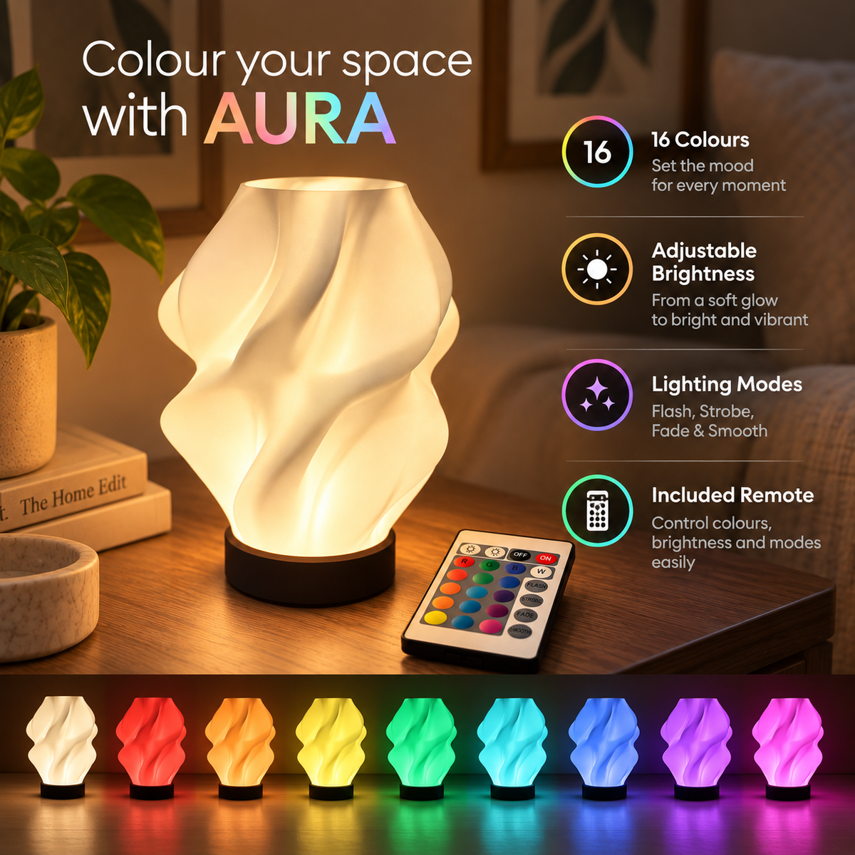 NEBULA RGB lamp with 16 colours, adjustable brightness, lighting modes and remote control