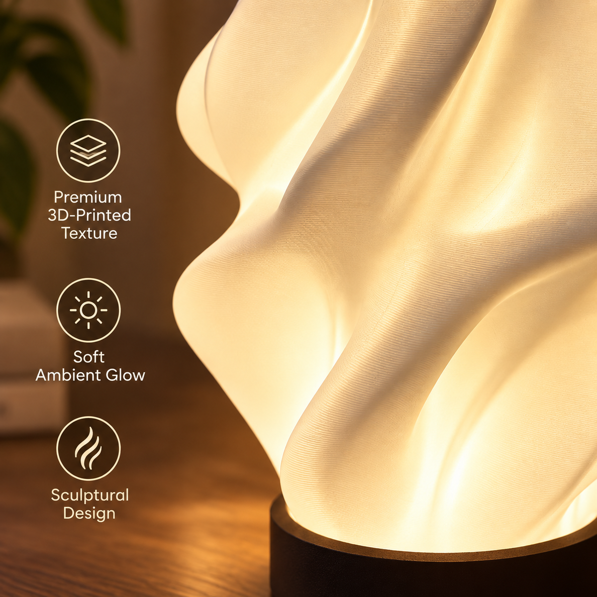 Close-up of NEBULA lamp sculptural 3D-printed texture and ambient glow