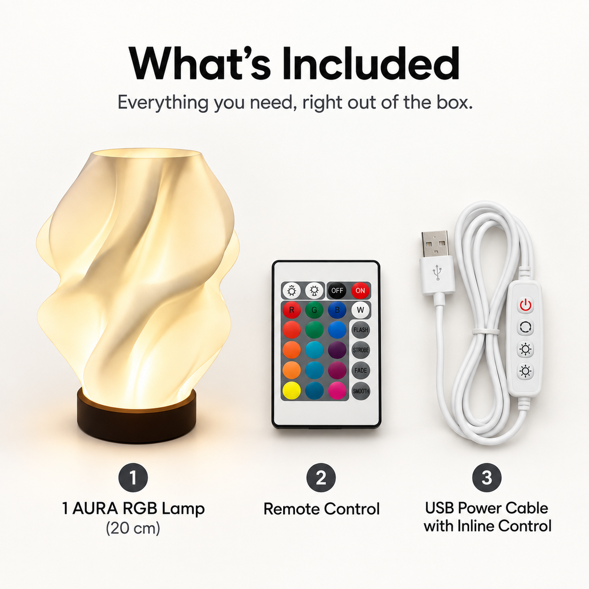 NEBULA RGB lamp, remote control and power cable with inline control included