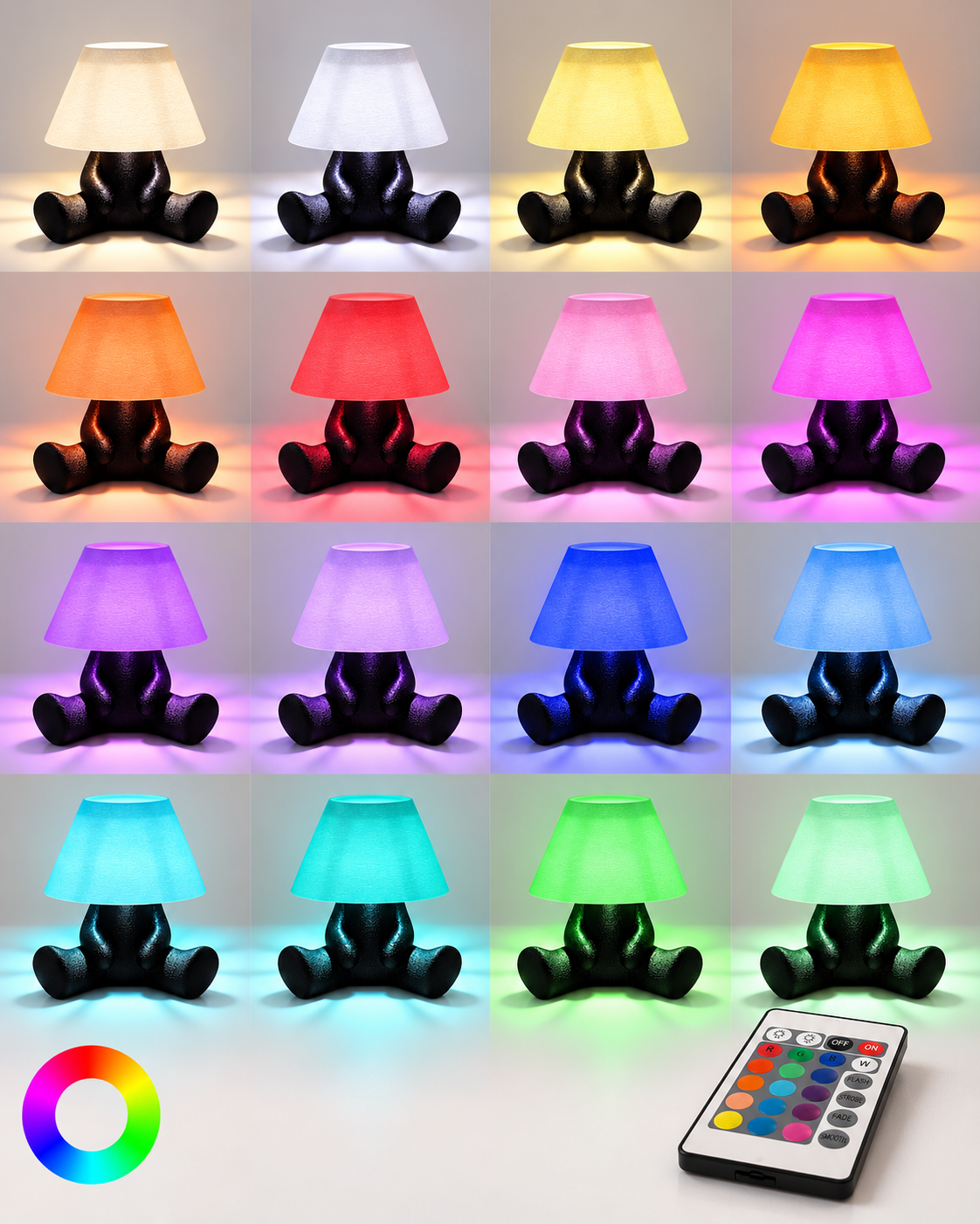 PIXO RGB table lamp shown in 16 colour variations with remote