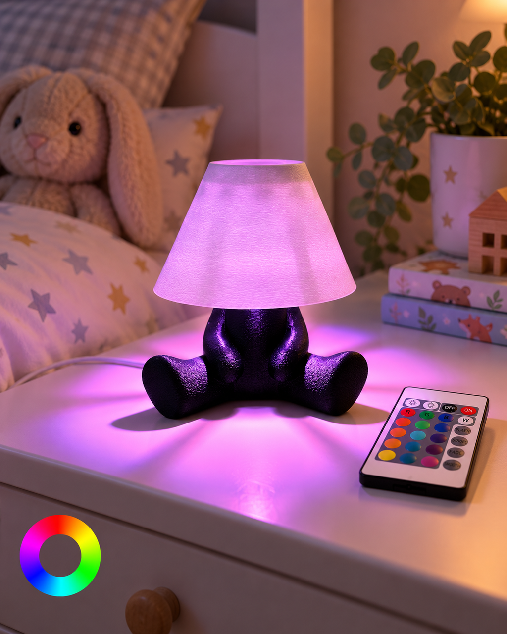PIXO RGB character table lamp in a cosy Australian-style children's bedroom with remote