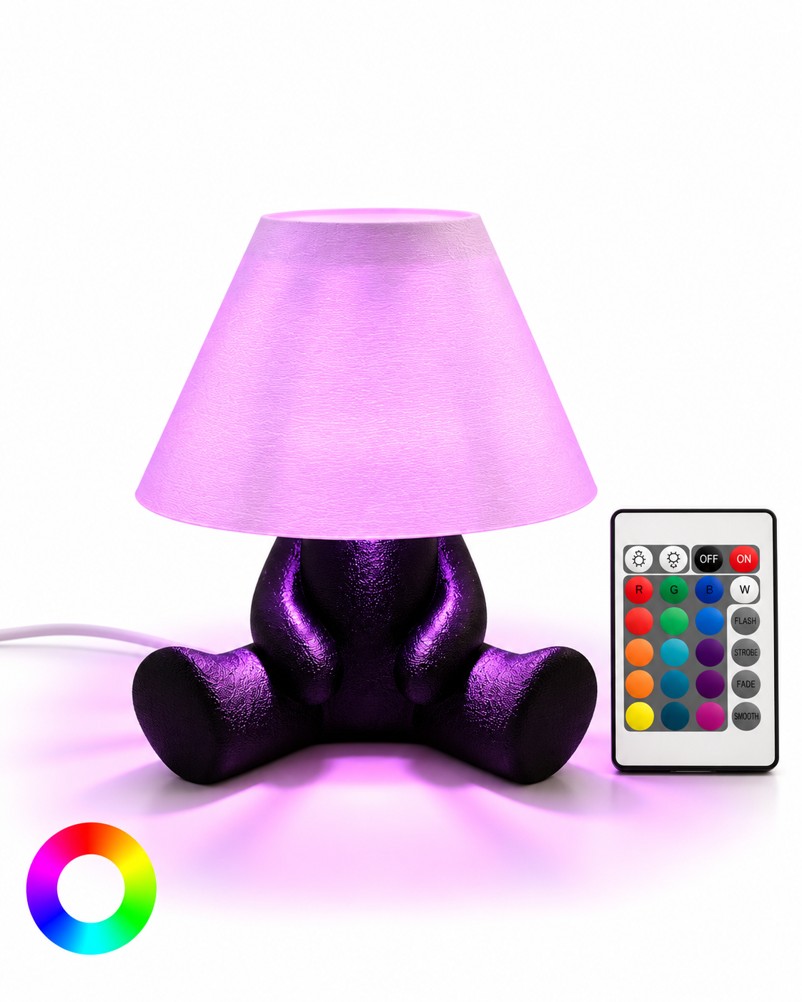 PIXO RGB table lamp on white background with 16-colour remote