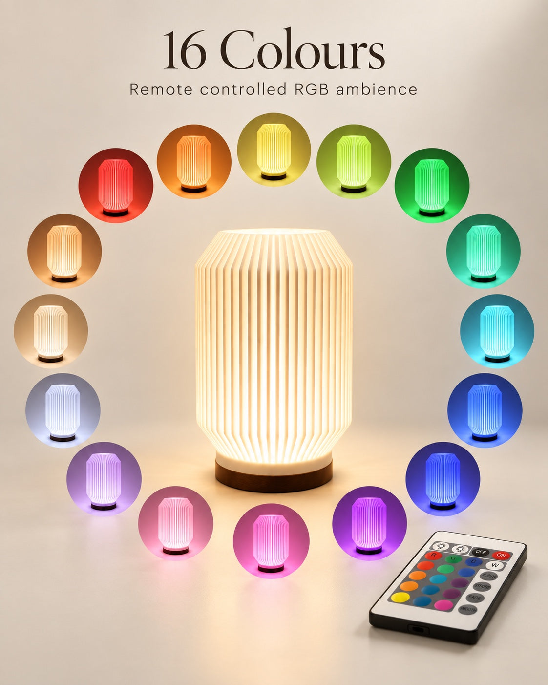 HALCYON RGB lamp showing 16 available colours with remote control