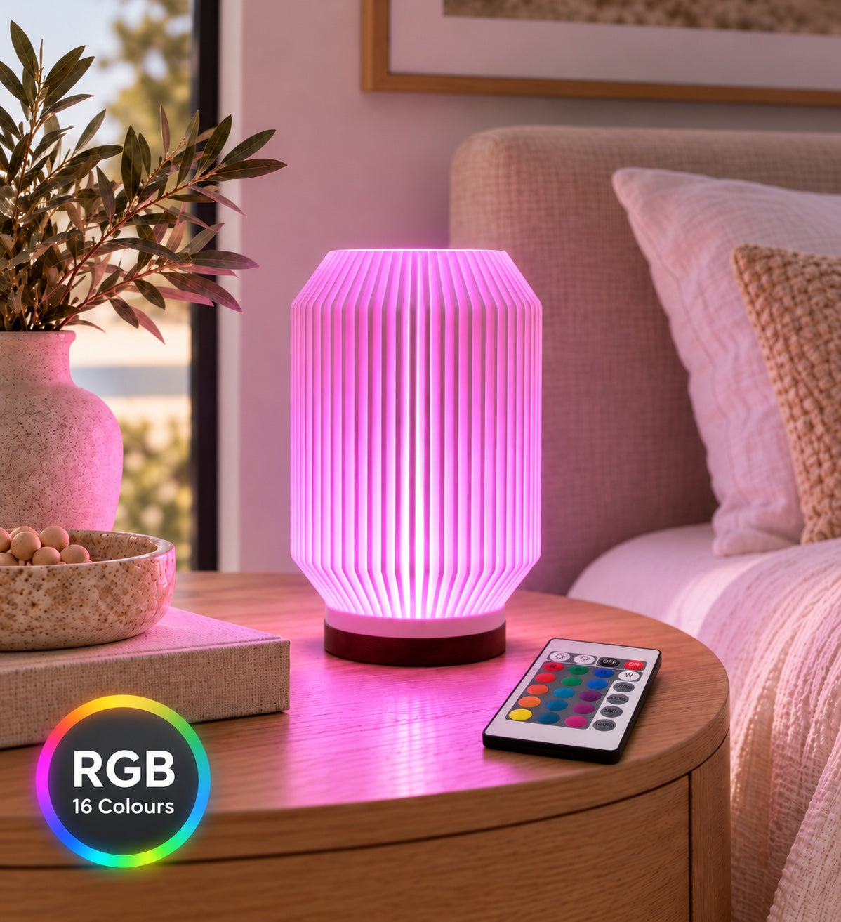 HALCYON RGB lamp glowing pink in a modern Australian bedroom with remote control and 16 colours badge