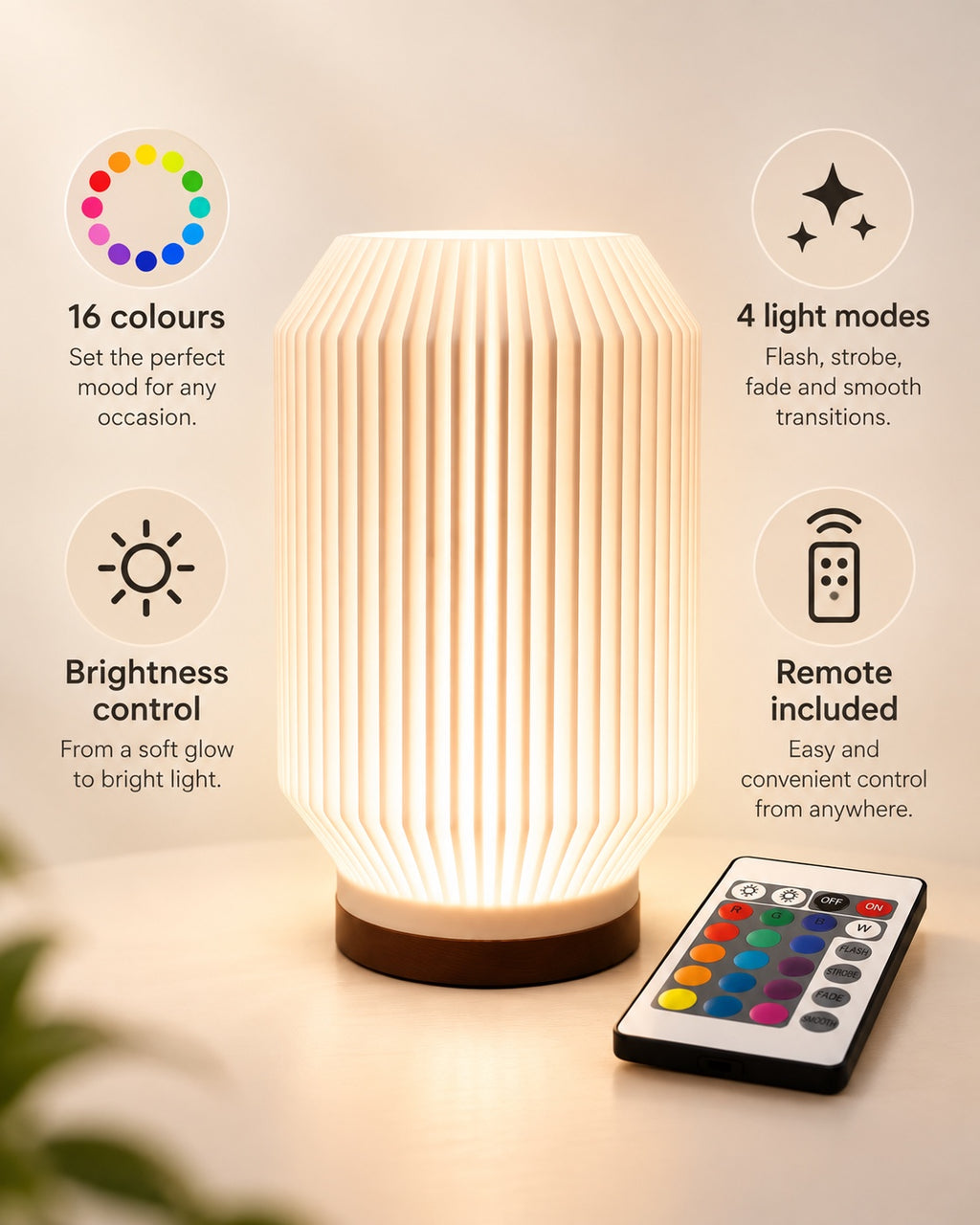 HALCYON RGB lamp features including 16 colours, four light modes, brightness control and remote
