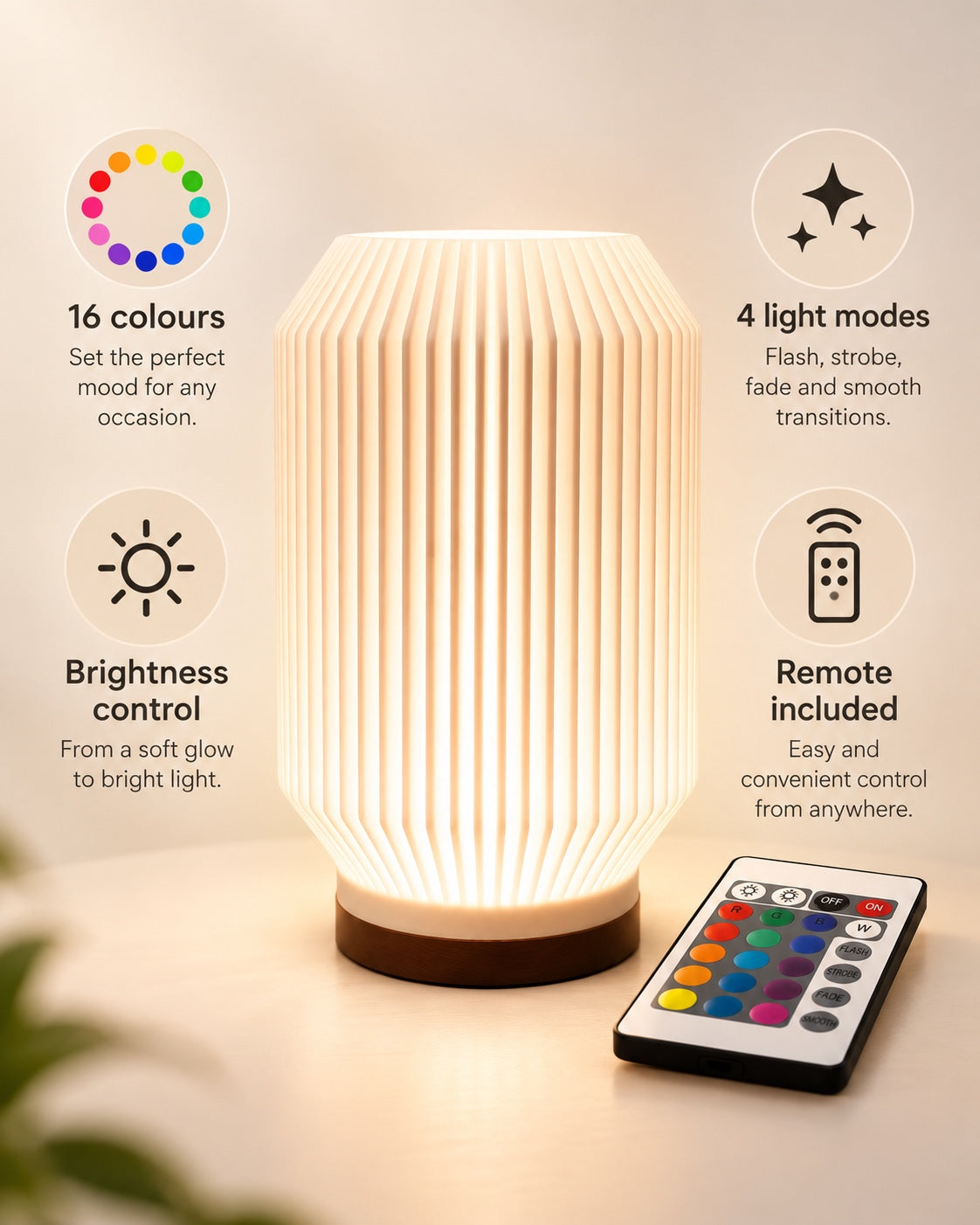 HALCYON RGB lamp features including 16 colours, four light modes, brightness control and remote