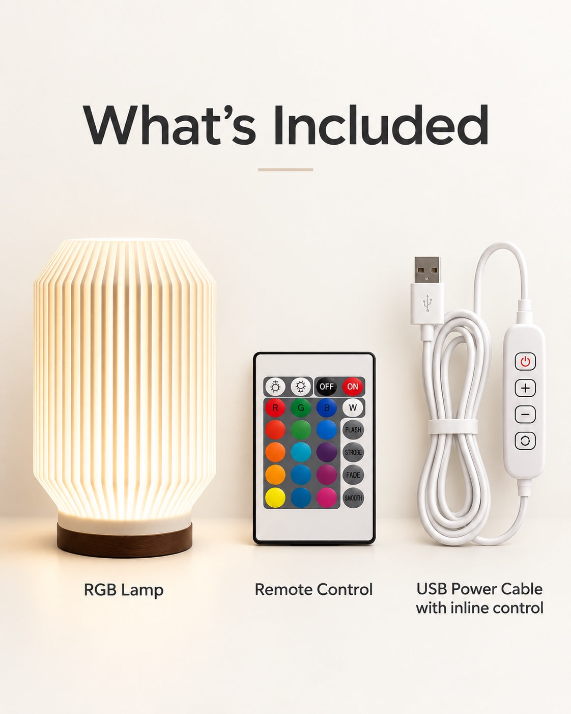 HALCYON RGB lamp with remote control and USB power cable with inline control