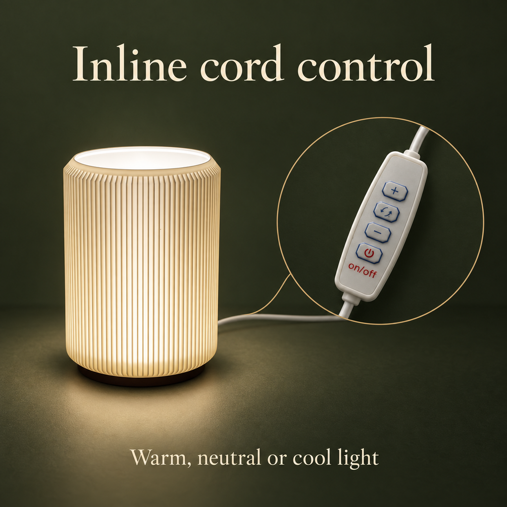 NIMI mini table lamp and close-up of its white inline cord controller