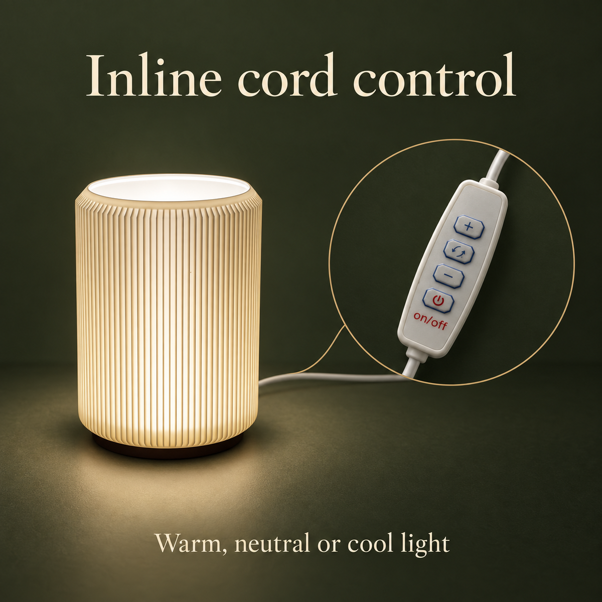 NIMI mini table lamp and close-up of its white inline cord controller