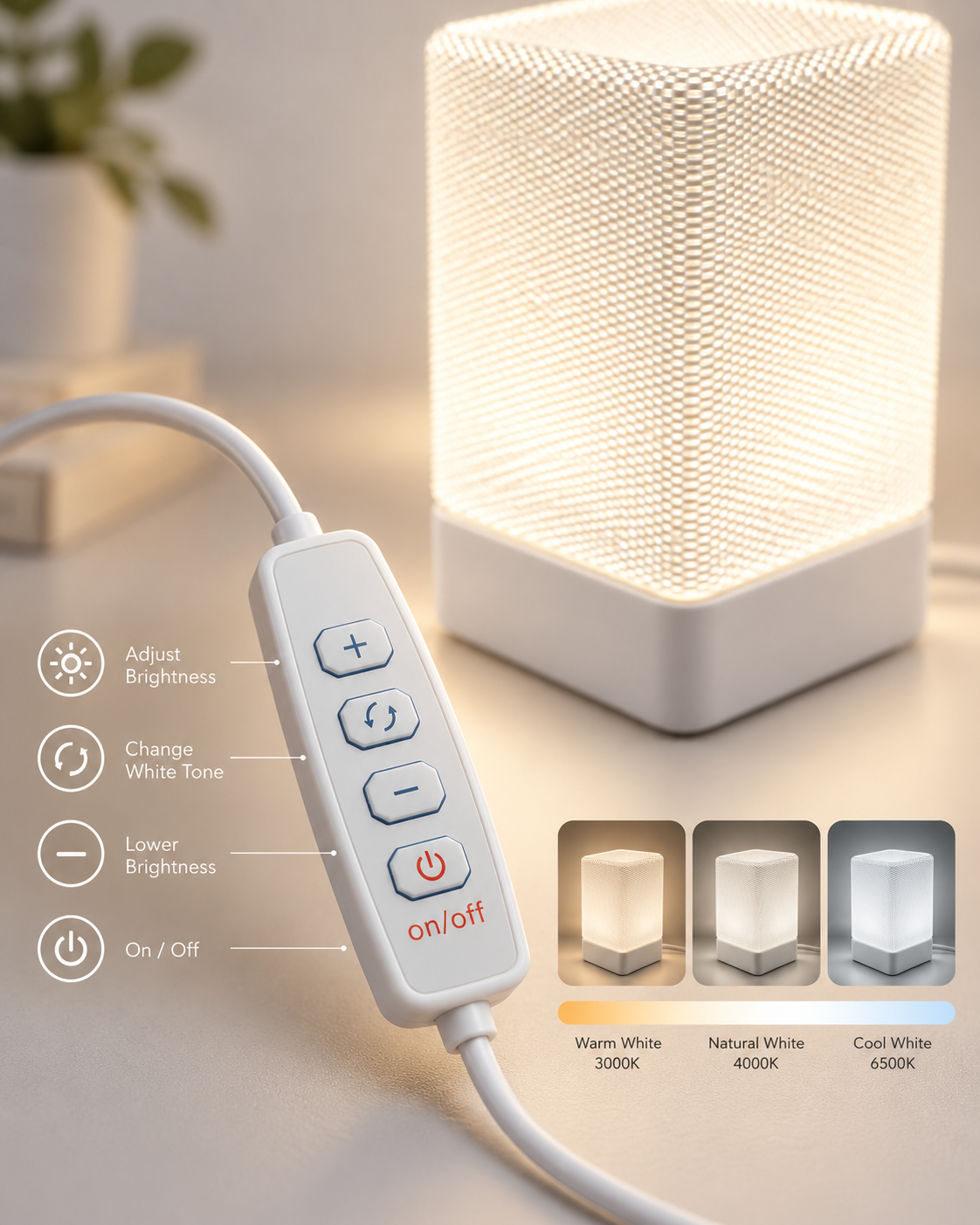 ARQO Table Lamp inline controller with brightness and white tone controls