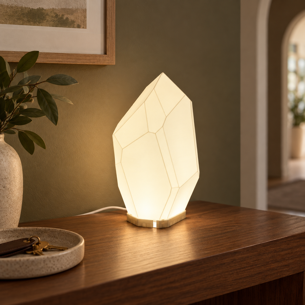FACET geometric table lamp styled on a hallway console with soft warm light