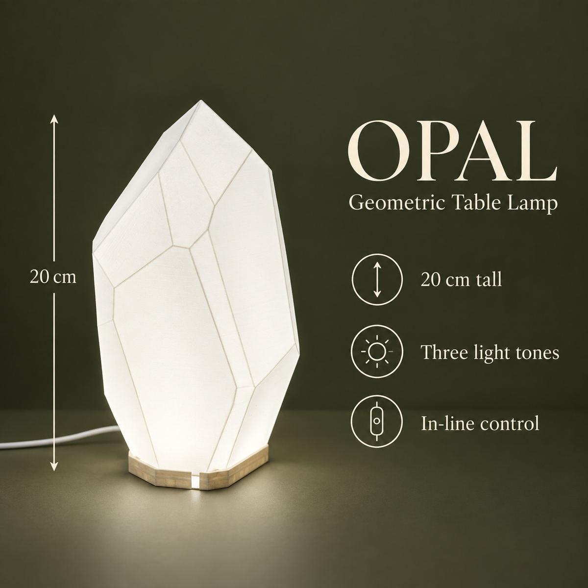 FACET table lamp specifications: 20 cm tall, three light tones and in-line control