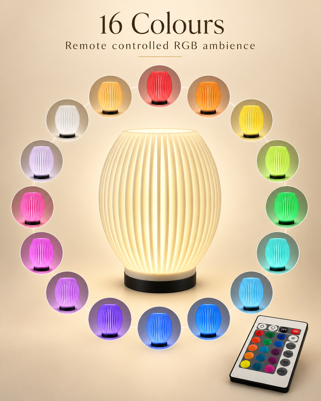 SORA RGB lamp showing 16 available colours with remote control