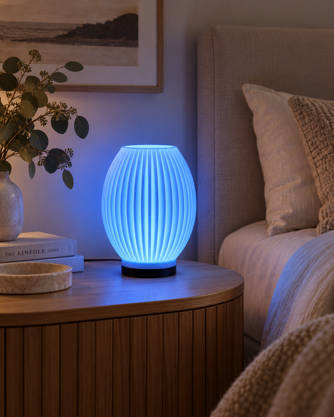 SORA RGB lamp glowing blue in a modern Australian bedroom