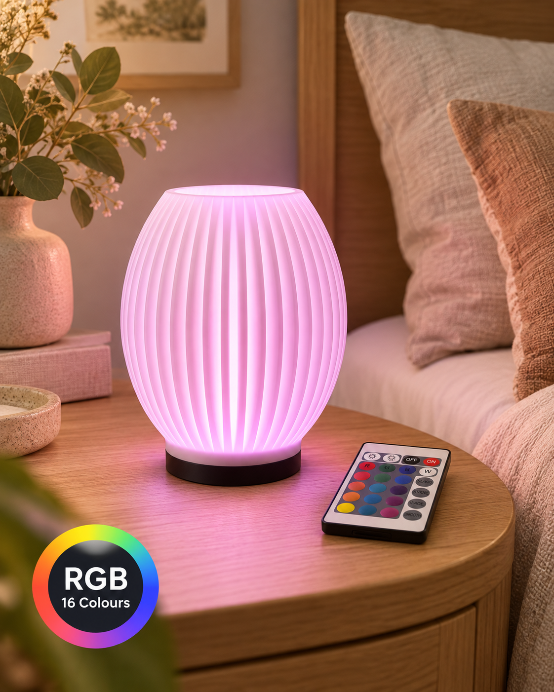 SORA RGB lamp glowing pink in a modern Australian bedroom with remote control and 16 colours badge
