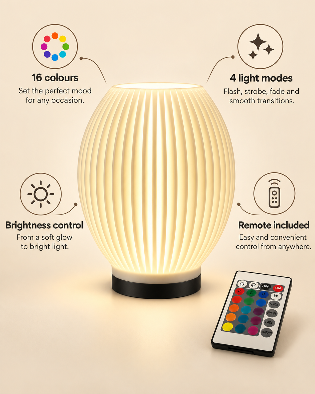 SORA RGB lamp features including 16 colours, four light modes, brightness control and remote