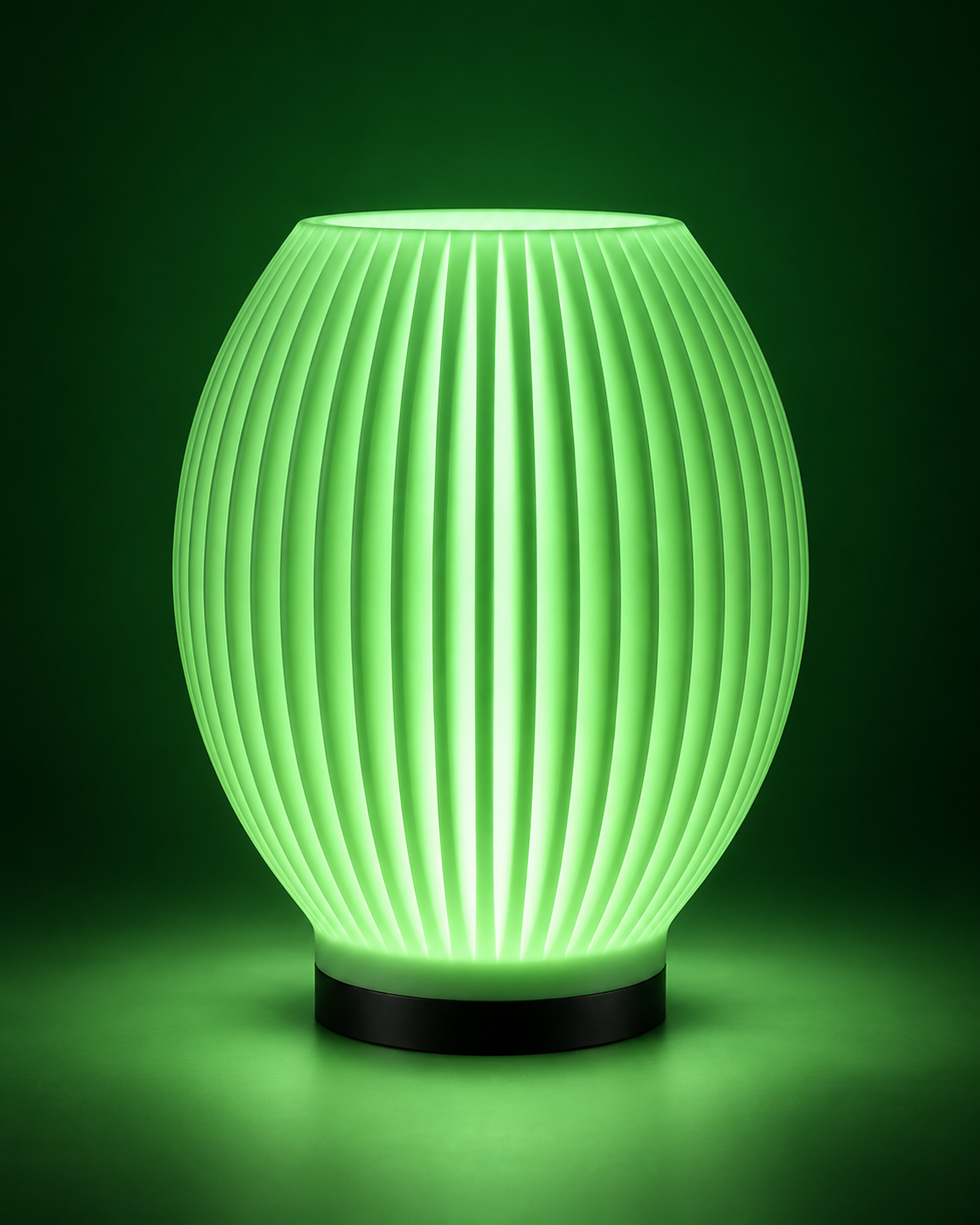 SORA RGB oval ribbed lamp glowing green on a dark green studio background