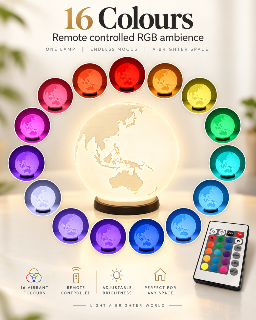 ORBIS RGB globe lamp showing 16 available colours with remote control