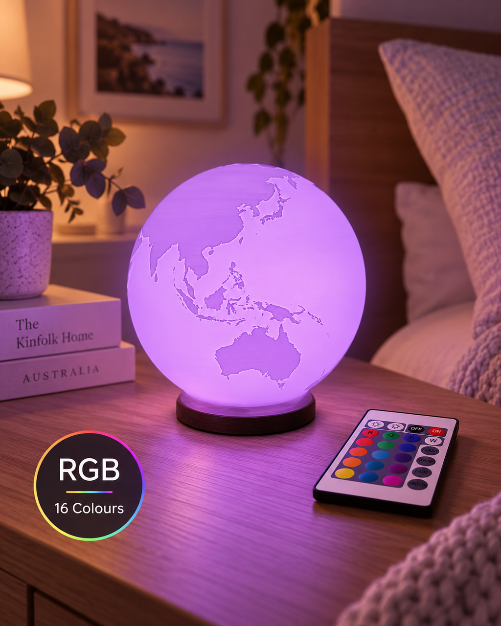 ORBIS RGB globe lamp glowing purple in a modern Australian bedroom with remote control and 16 colours badge