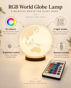 ORBIS RGB globe lamp features including 16 colours, four light modes, brightness control and remote