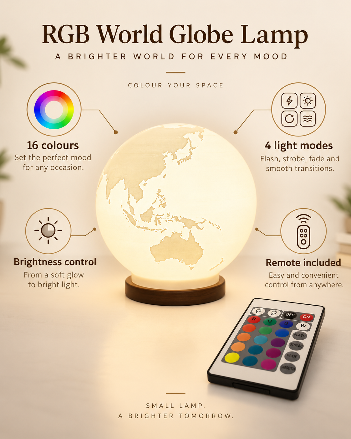 ORBIS RGB globe lamp features including 16 colours, four light modes, brightness control and remote