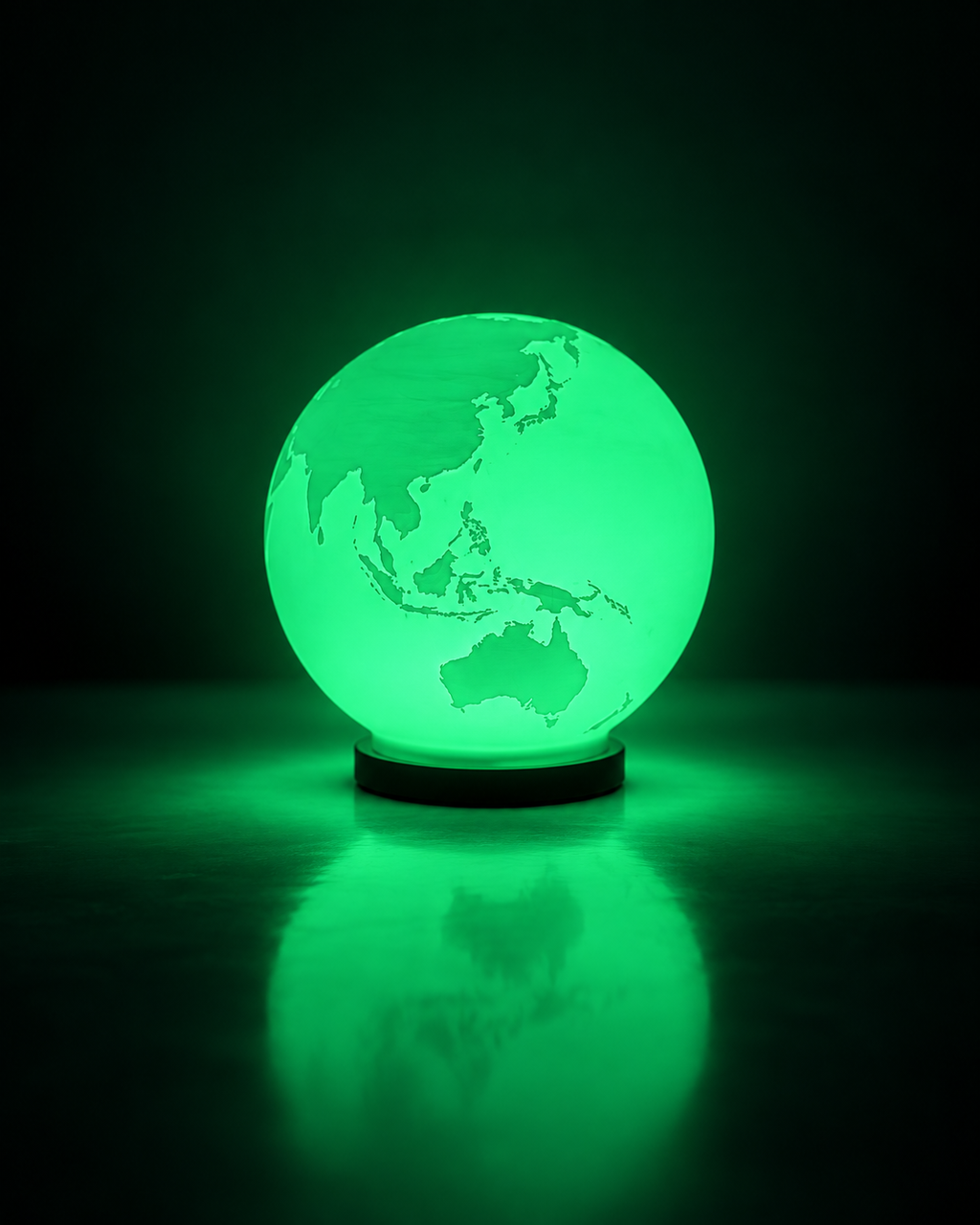 ORBIS RGB globe lamp glowing green on a dark studio background