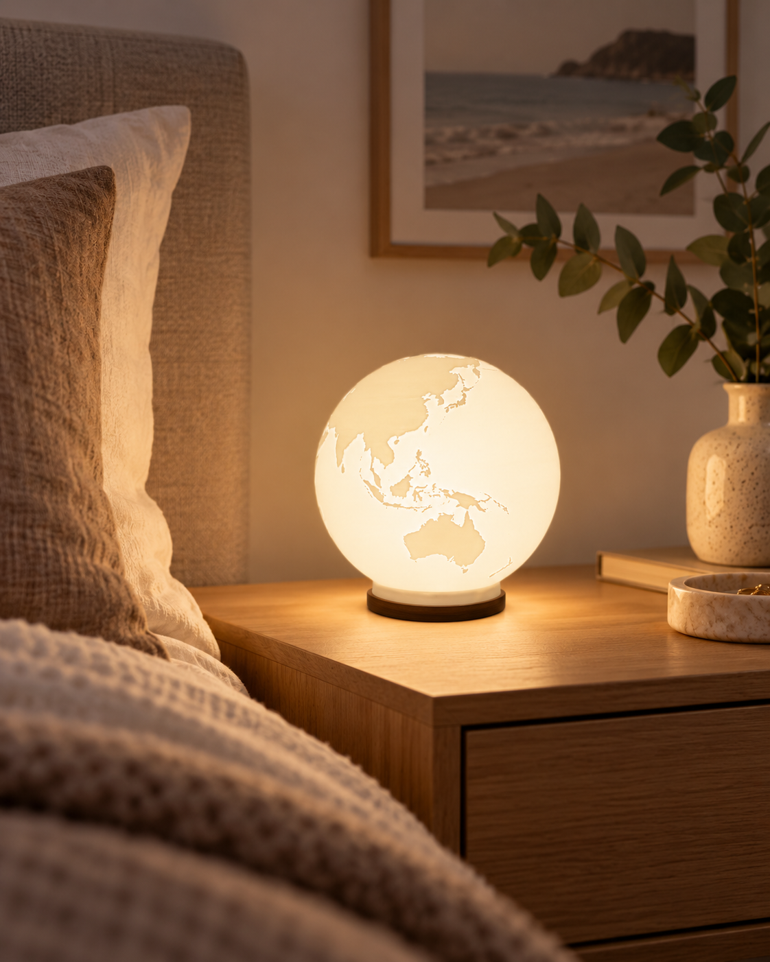 ORBIS RGB globe lamp with warm glow in a modern Australian bedroom