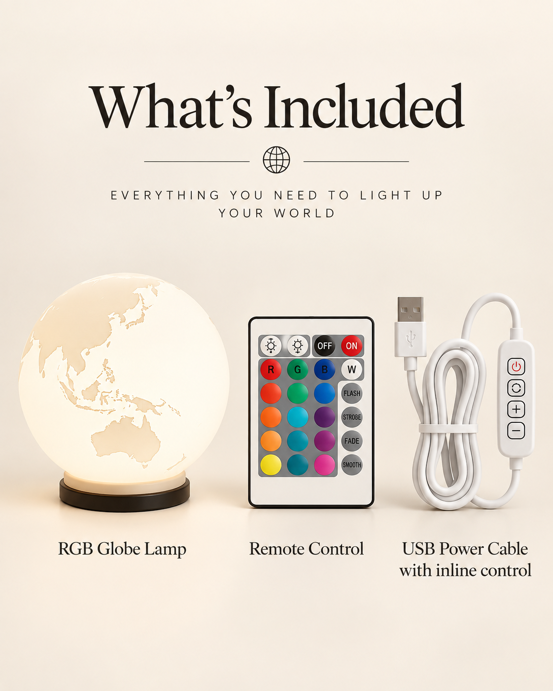 ORBIS RGB globe lamp with remote control and USB power cable with inline control