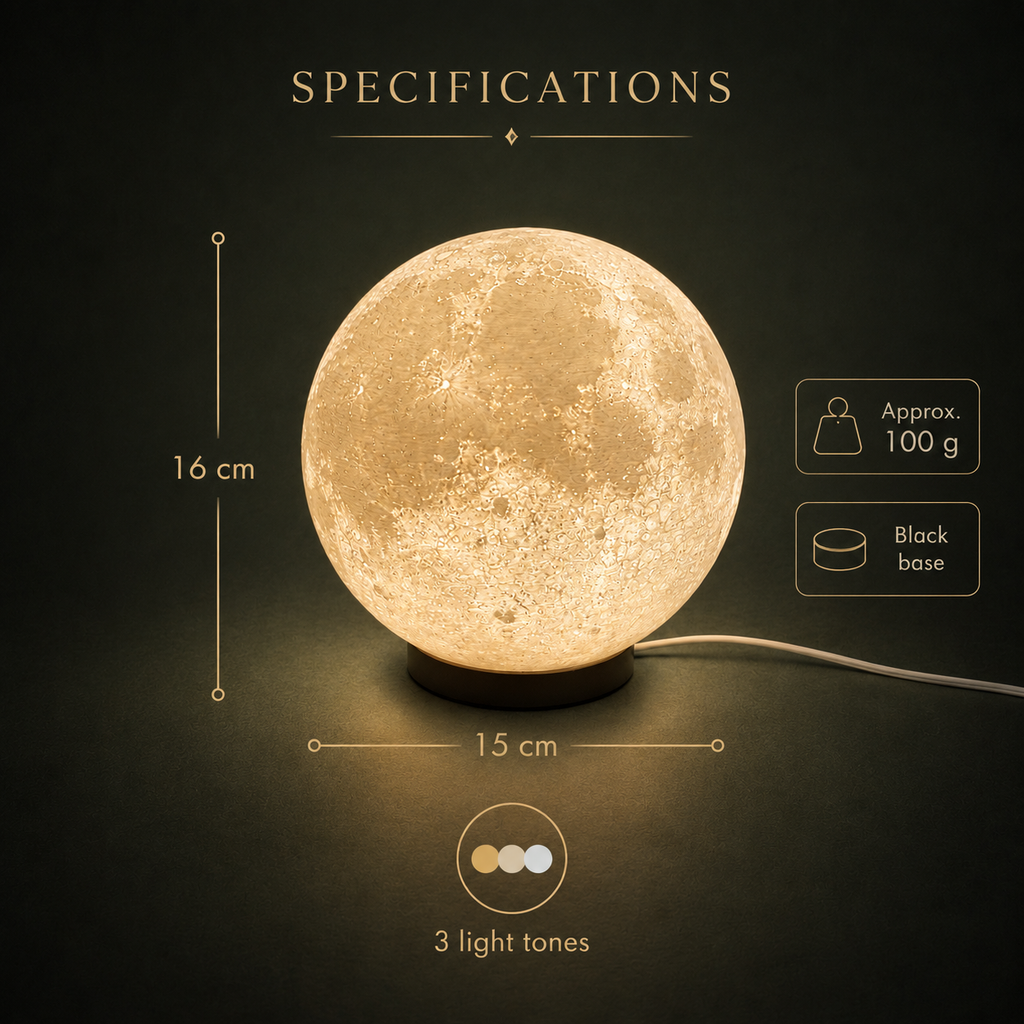 LUNARA Table Lamp specifications: 16 cm high, 15 cm wide, 100 g
